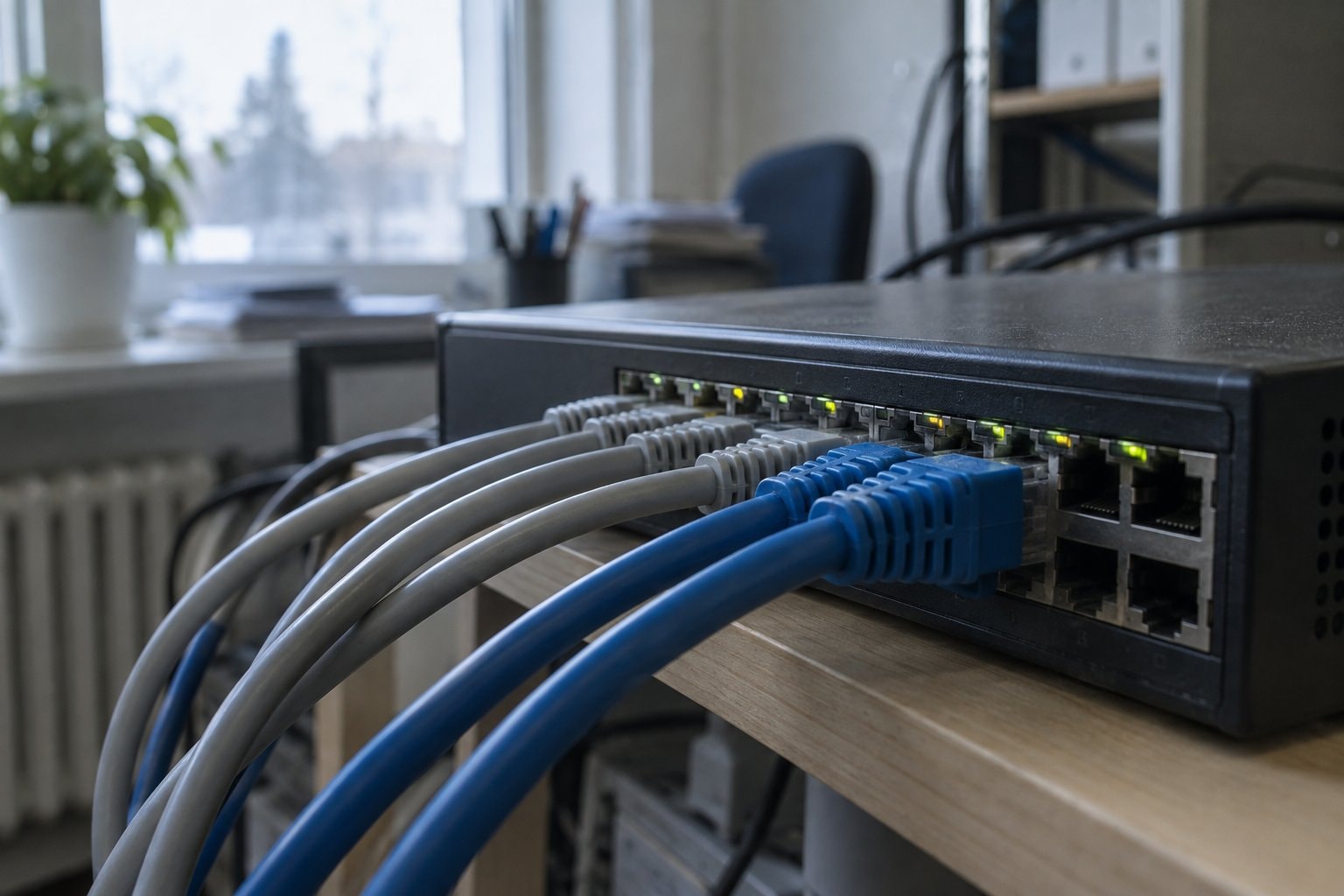 Verkkokaapeleita kytkettynä pienen toimiston verkkolaitteeseen